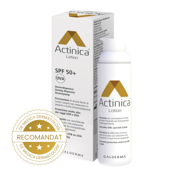 Image of Actinica®lotion bottle and box with a stamp that says 'approved by dermatologists'